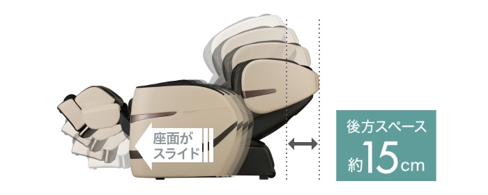 座面が前方にスライドするため、後方スペースを約15㎝開けるだけでフルリクライニングすることができます。 壁際にもスッキリ設置することができます。
