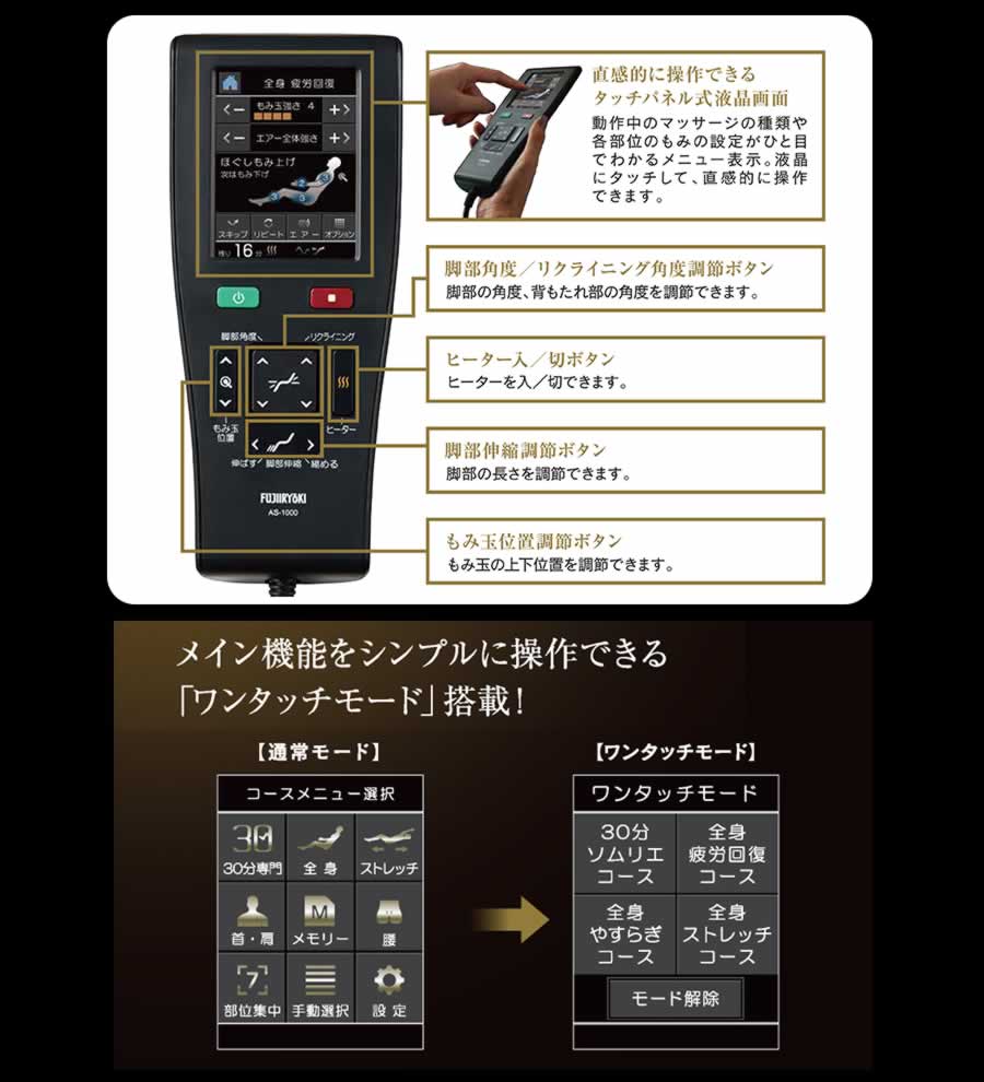 AS-1000のリモコンは通常モードとシンプル操作のワンタッチモード