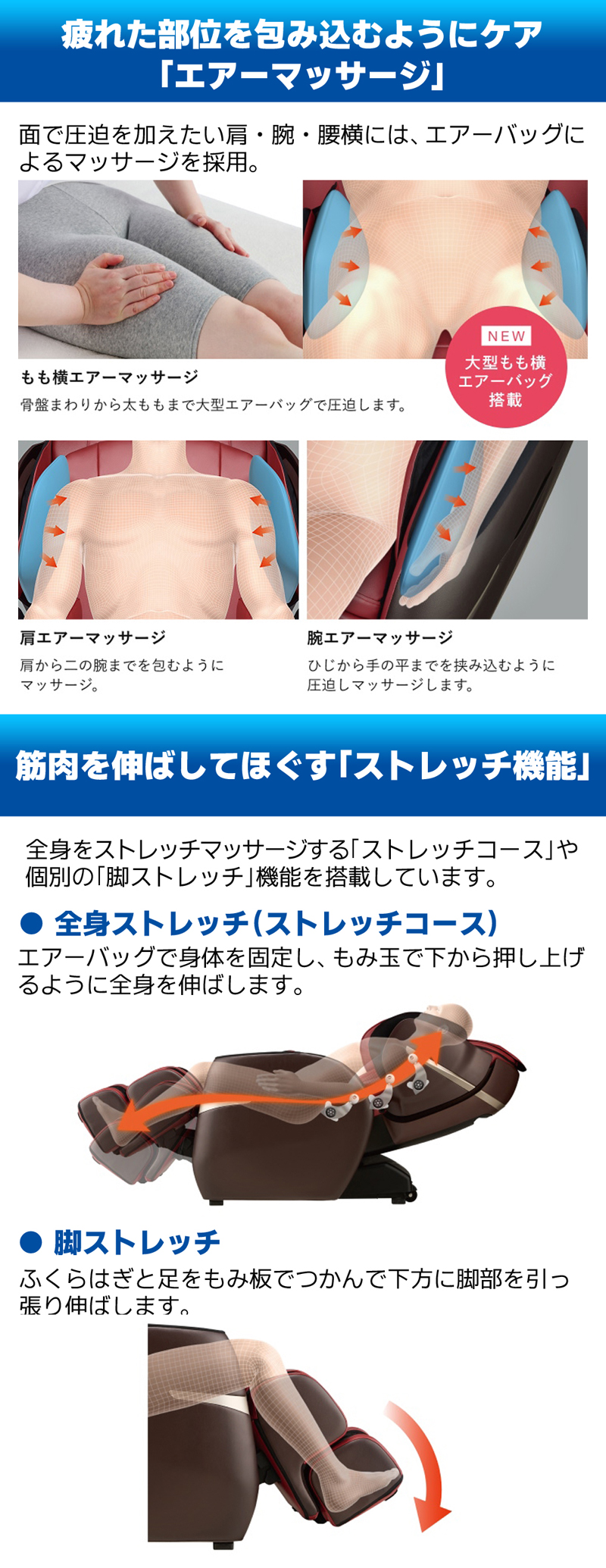 疲れた部位を包み込むようにケア「エアーマッサージ」