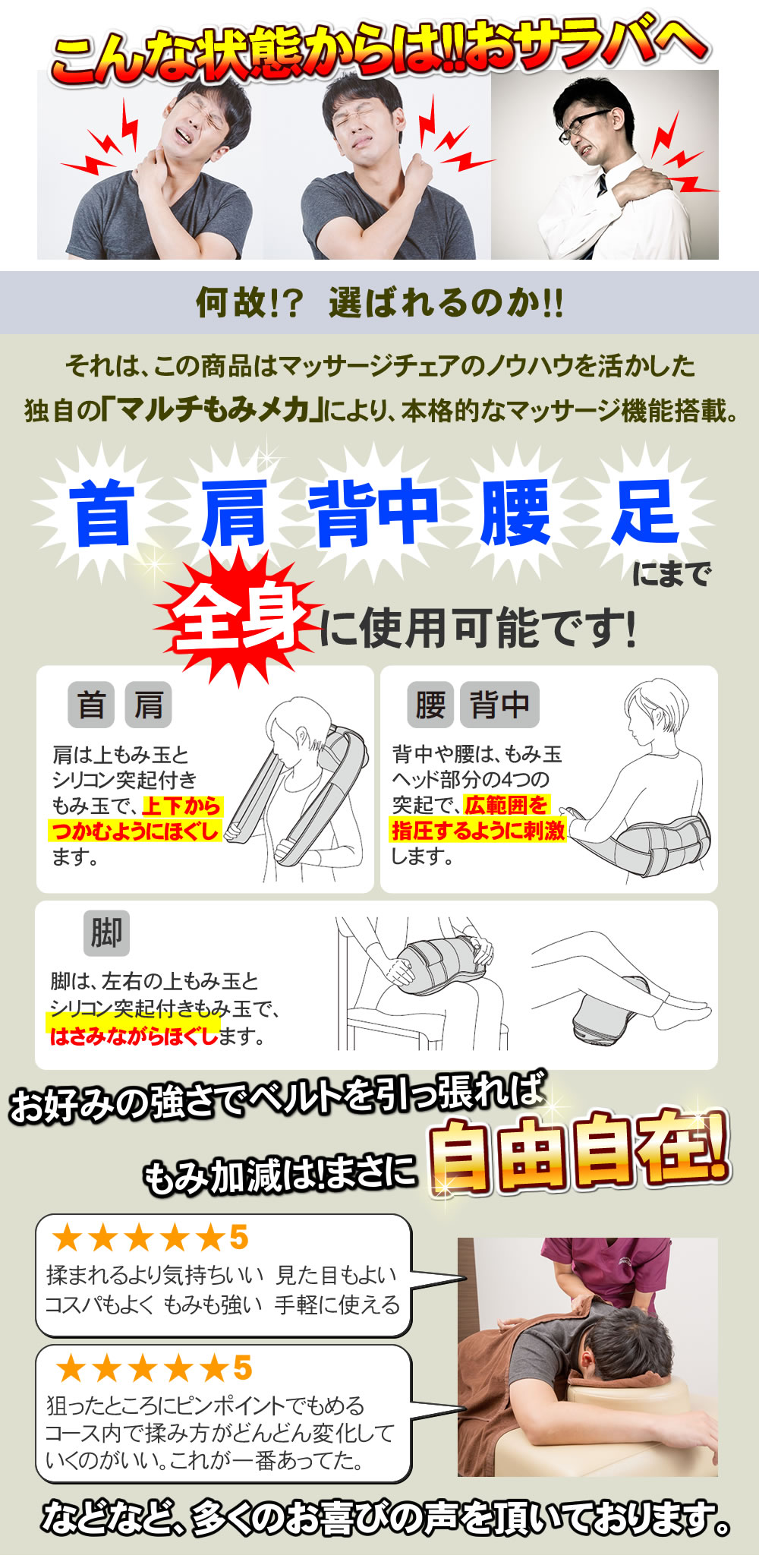 MRL-M1は首肩背中腰足にまで全身をマッサージできます