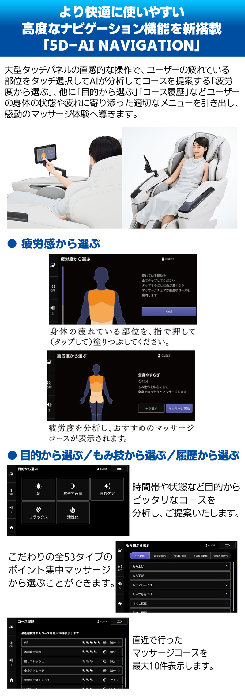 マッサージチェア H24 RM-830のより快適に使いやすい高度なナビゲーション機能「5D-AI NAVIGATION」