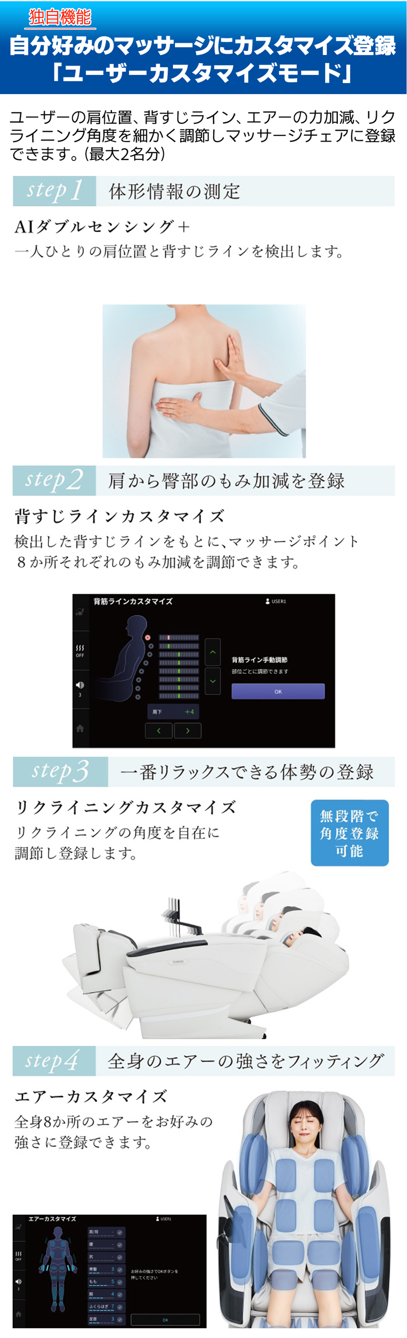 独自機能：自分好みのマッサージにカスタマイズ登録「ユーザーカスタマイズモード」