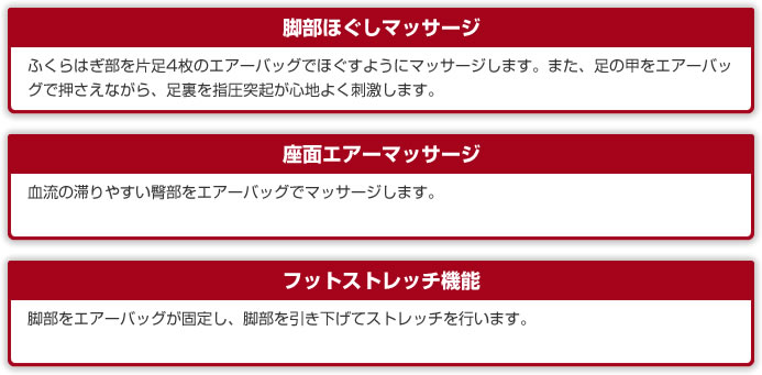 下半身エアーマッサージとフットストレッチ機能 